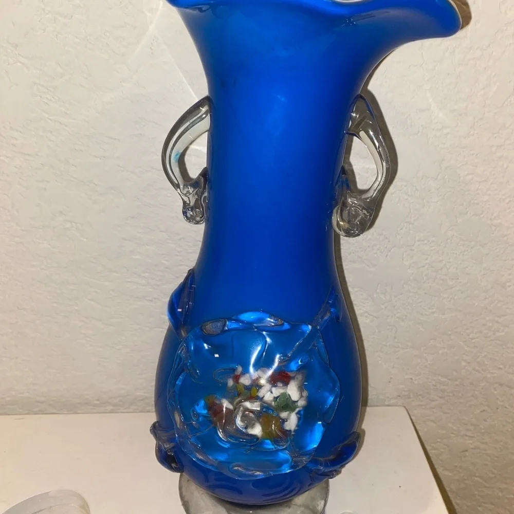 Vintage Hand Blown Confetti Fused Plum Blossom Cobalt Blue Glass MCM Vase 9.5”H